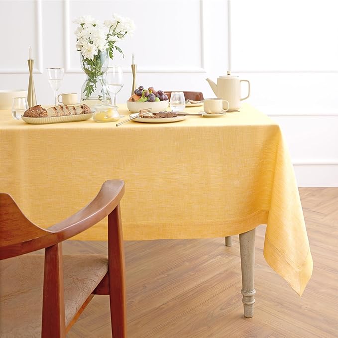 Solino Home Linen Tablecloth 60 x 90 Inch - 100% Pure Linen Chambray Mustard Yellow Table Cloth for Rectangular Tables - Athena, Machine Washable Cloth Tablecloth