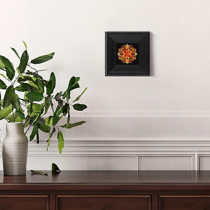 Brivoria Mandala Wall Art Home Decor, Framed Orange and Red Autumn Blaze Mandala Artwork, Modern Spiritual Accent for Meditation Corner Desk Shelf or Bedroom, Warm Wall and Tabletop Display, 8x8