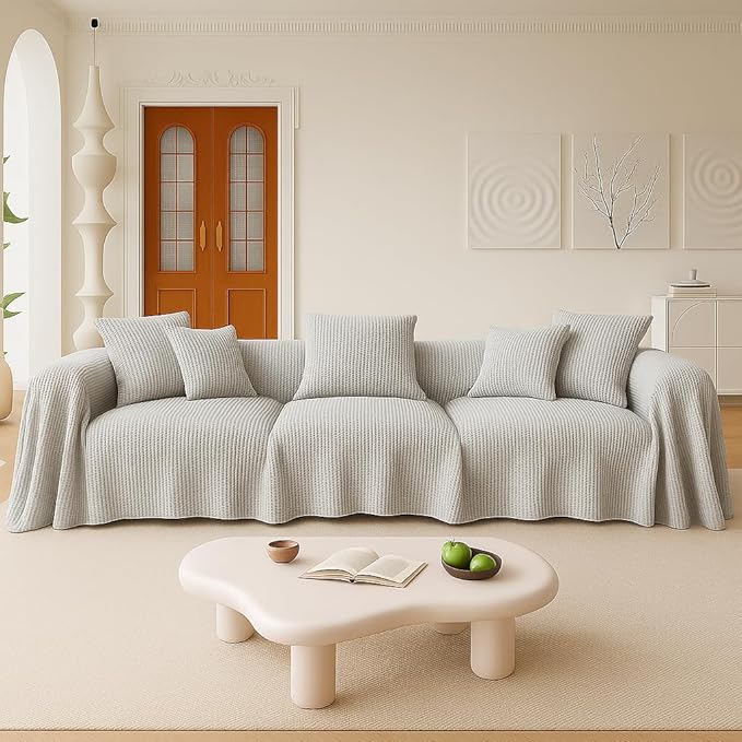 Extra Large Couch Cover %100 Cotton - Perfect for L-Shape, U-Shape & Sectional Sofas, Washable Couch Cover, Oversize Sofa Cover, 3, 4 Seater Slip Cover (Light Gray, 91x165 inches - 230x420 cm)