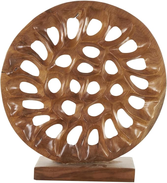 Deco 79 Teak Wood Abstract Handmade Decorative Sculpture Circular Cutout Home Decor Statue, Accent Figurine 20" x 6" x 21", Brown