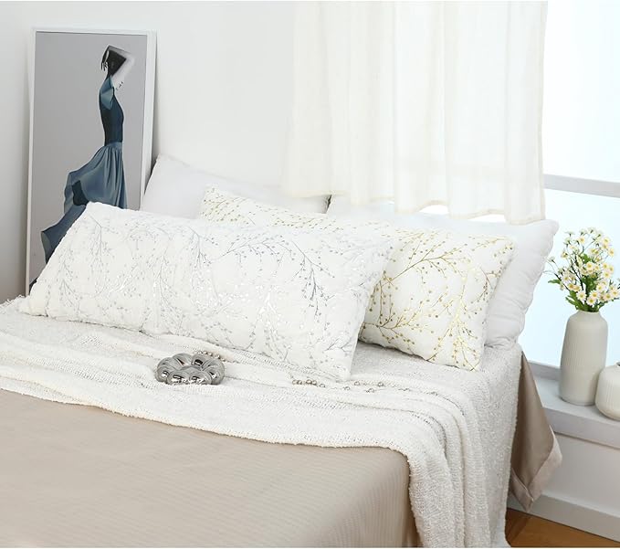 LIGICKY Decorative Long Lumbar Pillow Cover14x36inch Fluffy White Fur Pillow Coves Silver Branches Glitter Throw Pillows Soft Furry Sparkling Rectangle Cushion Cases for Sofa Bedroom Party Décor