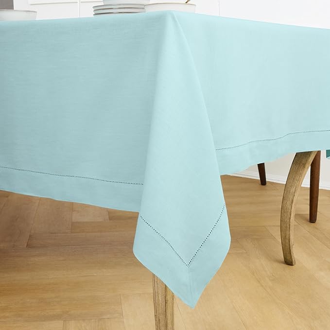 Solino Home Linen Tablecloth for Rectangle Tables 60 x 90 Inch - Classic Hemstitch 100% Pure Linen Aqua Blue Table Cloth - Machine Washable Cloth Tablecloth for Christmas, Holiday