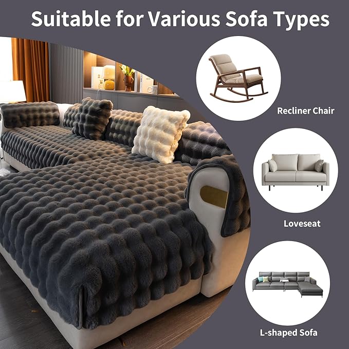 Faux Fur Couch Cover, Soft Warm Plush Sofa Couch Cover, Non Slip Sectional Sofa Slipcovers for L Shaped, Washable Furniture Protector for Kids, Dogs(Dark Gray, 36"x 47")