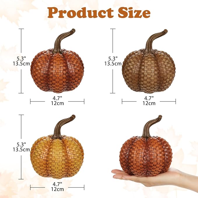 Hollyone Fall Pumpkins Decor, 3PCS Rattan Resin Pumpkins for Decorating Figurines Decorative Pumpkin for Home Autumn Harvest Thanksgiving Halloween Party Wedding Table Centerpiece Indoor Decor