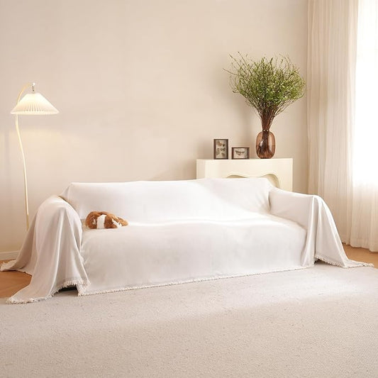 Chenille Herringbone Textured Sofa Cover for 2 Cushion Couch Throw Cover with Tassel Couch Cover for Dogs Washable Furniture Protector for Pets, Kid(Ivory White, Large, 71" x 118")