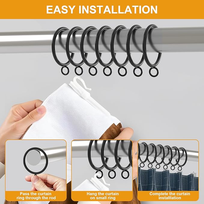 42 PCS Curtain Rings, 1.5 inch Metal Curtain Drape Sliding Eyelet Rings-Hanging Rings for Curtains and Rods, Fits Up to 1 1/4-Inch Rod, Black(Clips Not Included)