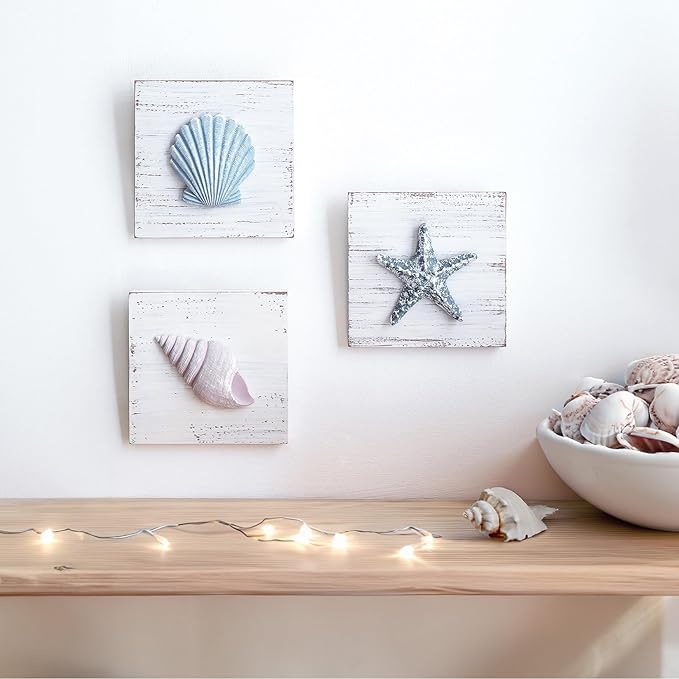 Tide and Tales 3D Beach Wall Art - Seashell with Starfish for Coastal Bathroom Decor, Ocean Inspired Decor for Bathroom, Coastal Bedroom, Living Room or Beach House, Set of 3 (6”x 6”)