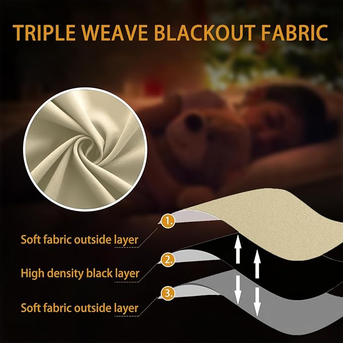 KOUFALL Beige Blackout Curtains 2 Panels,Black Out Room Darkening Grommet Bobo Eclectic Curtains for Living Room with Rings,52x102 Inches Long