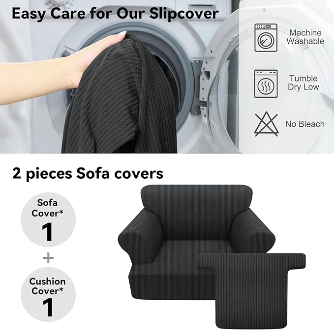 Waterproof Chair Cover with Arms 2-Piece Set Striped Slipcover for 1 Separate T Cushion Couch - TPU Fabric Armchair Covers Leakproof Couch Protector for Kids, Pets(Chair, Dark Gray)