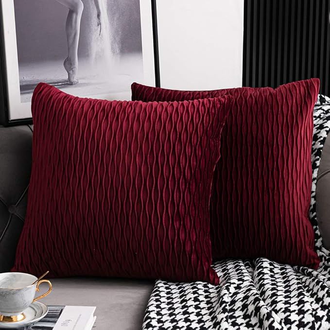 Burgundy 16 x 16 Inch Throw Pillow Covers: 2 Pack Inch Original Striped Velvet Square Decorative Pillow Cases for Farmhouse Couch
