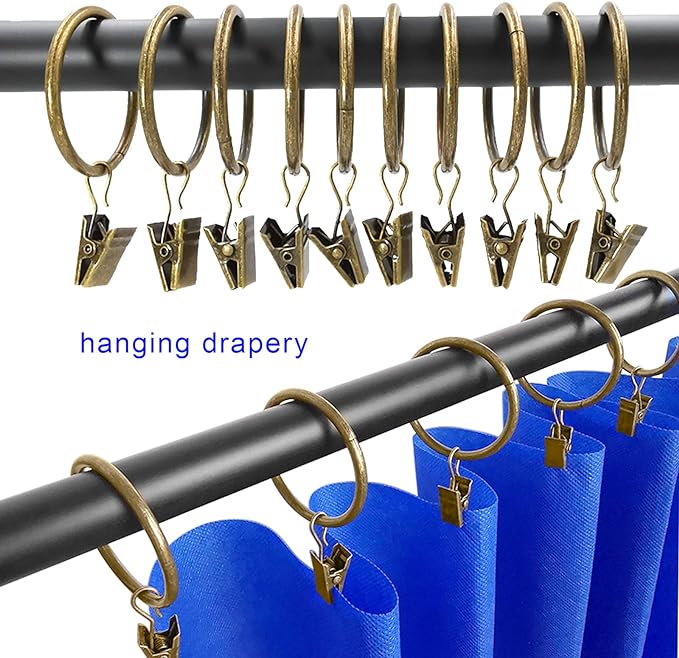 40 Pack Metal Curtain Rings with Clips, Drapery Clips Hooks, Decorative Curtain Rod Clips 1.5 in Interior Diameter, Antique Bronze