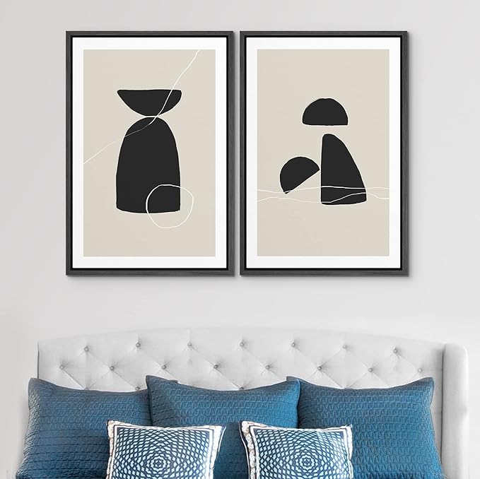 SIGNWIN Framed Canvas Print Wall Art Set Black Tan Mid-Century Figures Abstract Shapes Illustrations Modern Art Decorative Nordic Multicolor for Living Room, Bedroom, Office - 16"x24"x2 Black