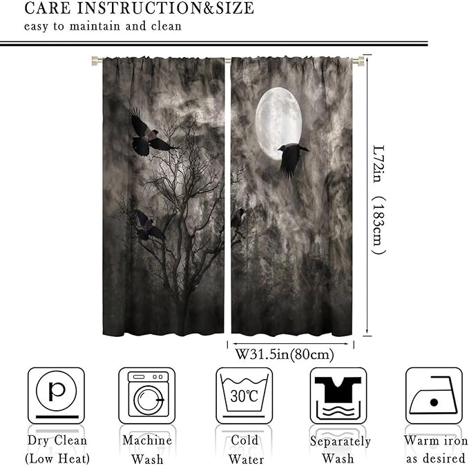 Gothic Crow Blackout Window Curtains, Gothic Style Dark Sky Full Moon Raven Halloween Pattern Window Drapes, for Home Bedroom Living Room 31.5(W)*72(L) 2 Panels