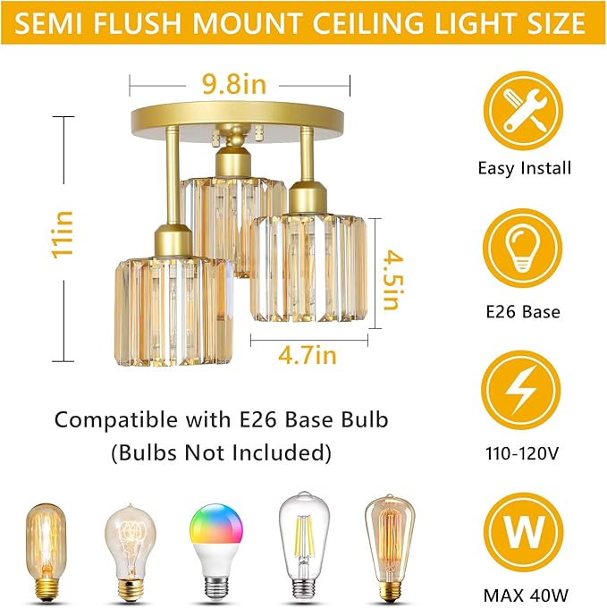 Semi Flush Mount Ceiling Light,3-Light Crystal Close to Ceiling Light Fixtures,Kitchen Light Fixture with Amber Crystal Shades,Hallway Light Fixtures for Kitchen Entryway Bedroom Bathroom