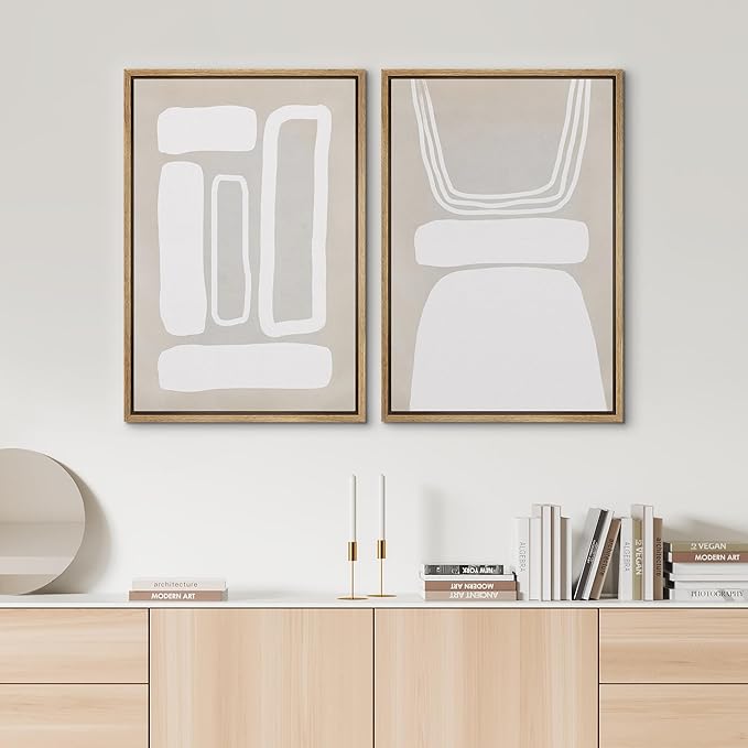 SIGNWIN Framed Canvas Print Wall Art Set Retro 1960s Geometric Figure Collage Abstract Shape Cozy Neutral Modern Art Decorative Nordic Multicolor for Living Room, Bedroom, Office - 24"x36"x2 Natural