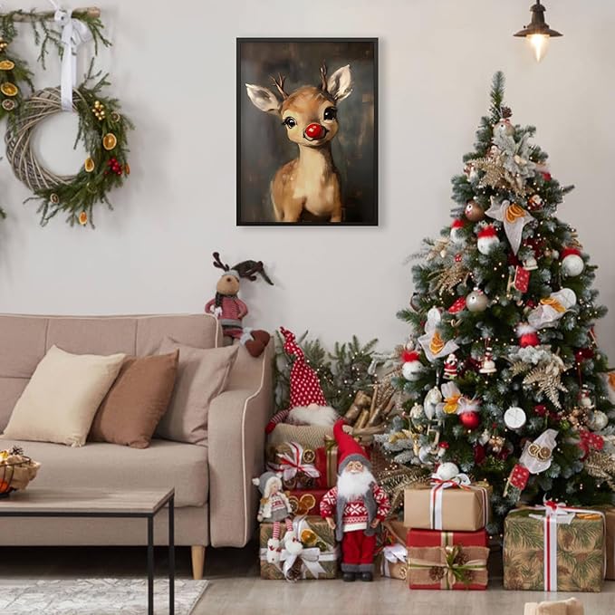Christmas Reindeer Wall Art Winter Cute Whimsical Animal Canvas Poster 16x24 inch Black Framed Vintage Red Nose Deer Painting Prints for Rustic Living Room Bedroom Wall Decor