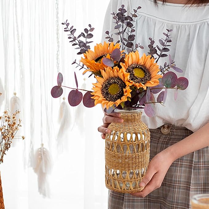 Straw Woven Glass Vase 6.29''x1.77''x3.15''Boho Glass Flower Vase Country Rustic Style Vase Glass Vase for Floral Arrangements Housewarming Party Home Decor (C Style 6.29IN)