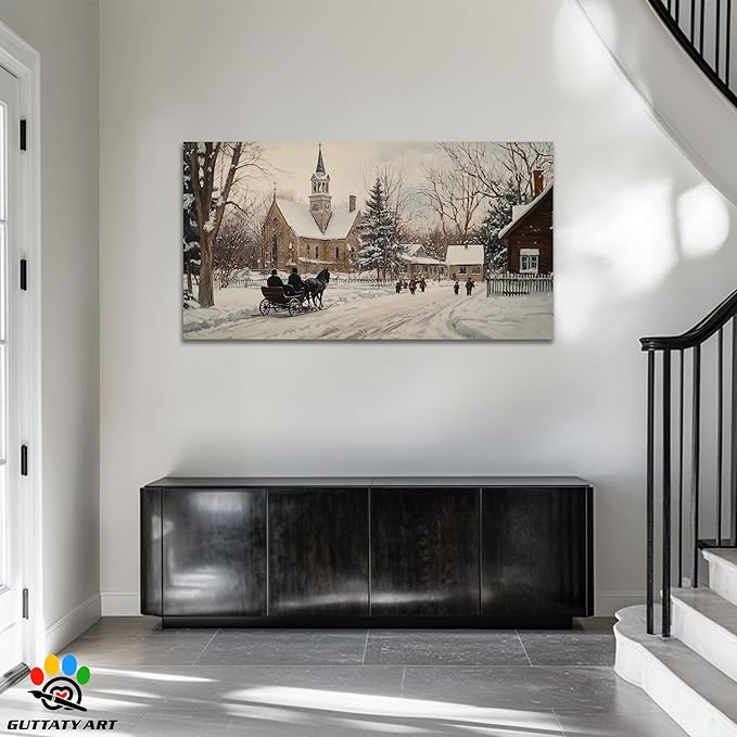 GUTTATY Winter Christmas Canvas Wall Art, Snow Village Scene Canvas Prints, Classic Church Horse Sleigh Wall Painting, Country Winter Pictures Decor for Living Room, Farmhouse, Entryway, 60x30 Inch