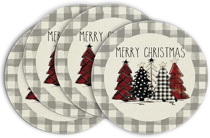 Artoid Mode Watercolor Grey Buffalo Plaid Christmas Trees Round Placemats Set of 4, 14 Inch Seasonal Winter Xmas Holiday Round Table Mats for Party Kitchen Dining Decoration