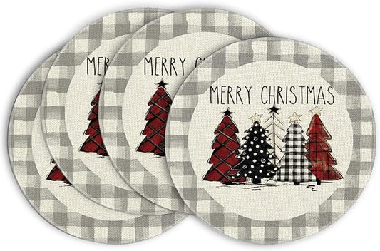 Artoid Mode Watercolor Grey Buffalo Plaid Christmas Trees Round Placemats Set of 4, 14 Inch Seasonal Winter Xmas Holiday Round Table Mats for Party Kitchen Dining Decoration