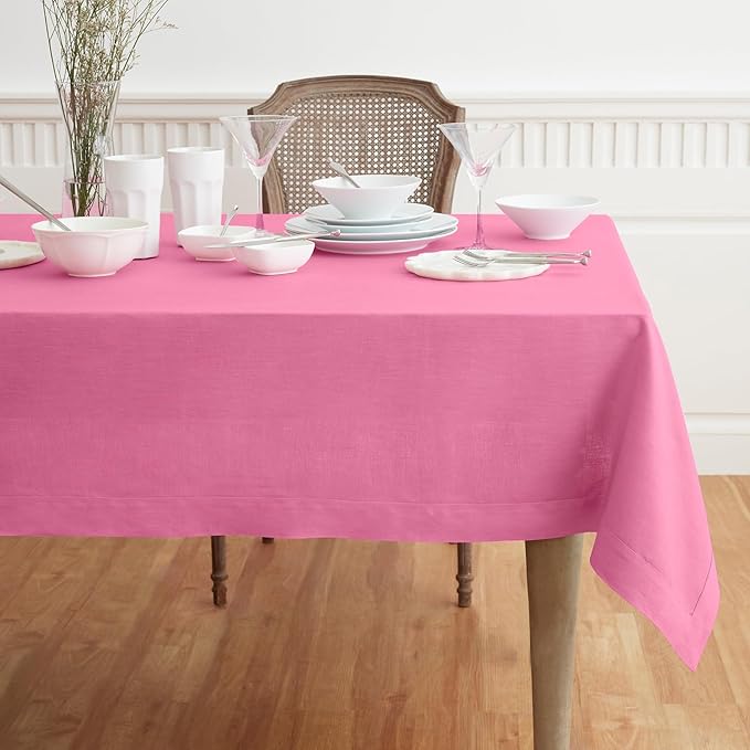 Solino Home Linen Square Tablecloth 52 x 52 Inch - 100% Pure Linen Flamingo Pink Table Throw - Fete, Machine Washable Table Cloth