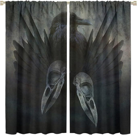 Gothic Blackout Window Curtains, Halloween Black Raven Crow Black Dark Wings Rod Pocket Window Treatments Drapes, for Living Room Bedroom 26(W)*84(L) 2 Panels