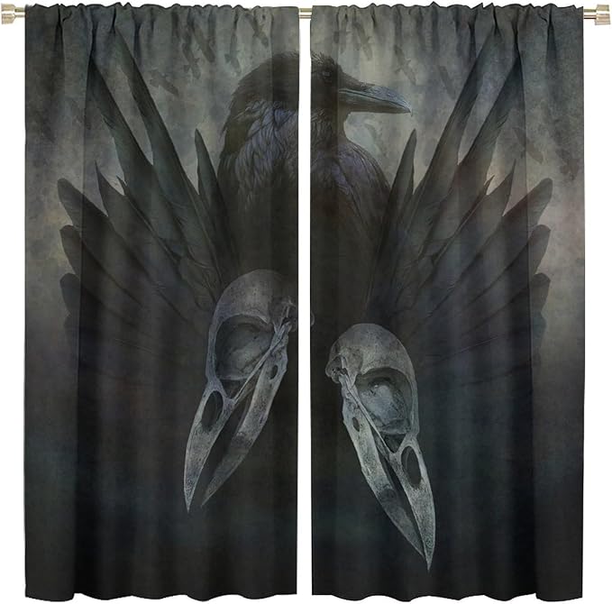 Gothic Blackout Window Curtains, Halloween Black Raven Crow Black Dark Wings Rod Pocket Window Treatments Drapes, for Living Room Bedroom 21(W)*63(L) 2 Panels