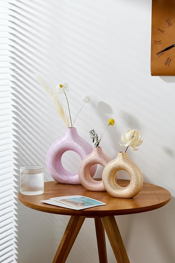 Modern Donut-Shaped Decorative Vases, Handmade Minimalist Boho ins Style, Modern Vase for Home Decor for Wedding Dinner Table Party Living Room Office Bedroom (Purple-Gold, Small)