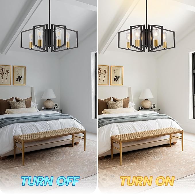 WJShome 4-Light Black and Gold Chandelier, Farmhouse Ceiling Light Fixtures, Dining Room Light Fixtures Over Table, Hanging Geometric Pendant Lights, for Kitchen Island, Bedroom, Foyer, Entryway