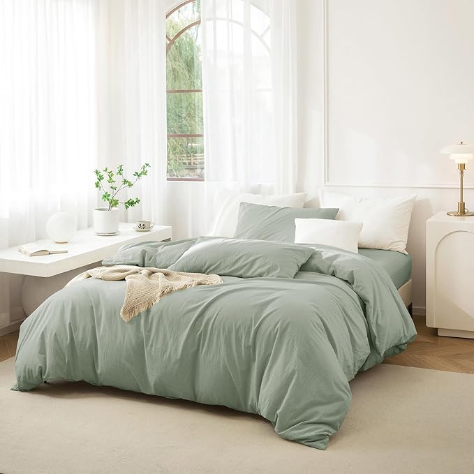 JIYUAN 100% Washed Cotton Duvet Cover Set 3 PCS Oversized Queen, 1 Duvet Cover 98"x98" (Comforter Not Included) and 2 Pillowcases,Linen Feel Bedding Set Comfy and Breathable, Heathered Sage Green