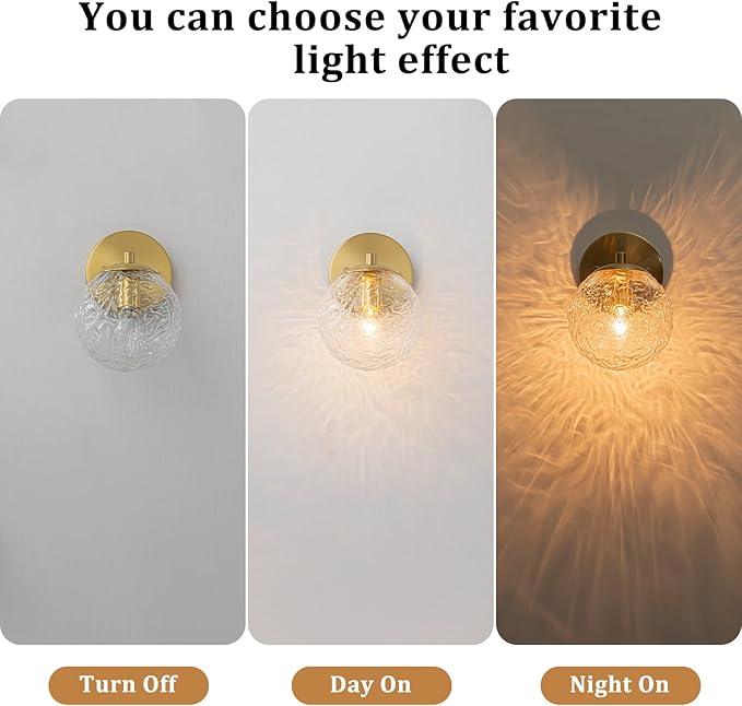 Gold Wall Sconce, Gold Vanity Sconce Lighting, Globe Ripple Glass Wall Light Fixture, Hardwired Wall Sconces for Bathroom Hallway Bedroom Bedside Living Room Stairs Kitchen Loft (E12)