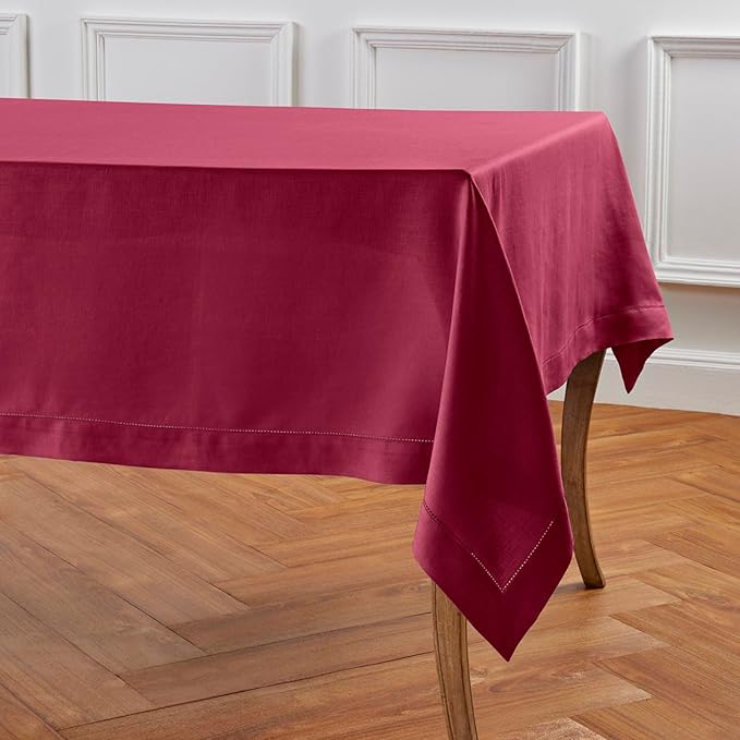 Solino Home Beet Linen Tablecloth 60 x 90 Inch - 100% Pure Linen Hemstitch Table Cloth for Rectangle Tables - Classic Hemstitch, Machine Washable Tablecloth for Fall, Thanksgiving, Christmas, Winter