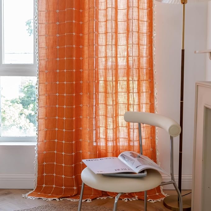 Sutuo Home Terracotta Boho Curtains for Kitchen,Semi Blackout Linen Plaids Farmhouse Tassels Window Treatment Bohemian Embroidery Drape for Fall Decor, Rod Pocket 1 Panel 52" W x 63" L, Burnt Orange