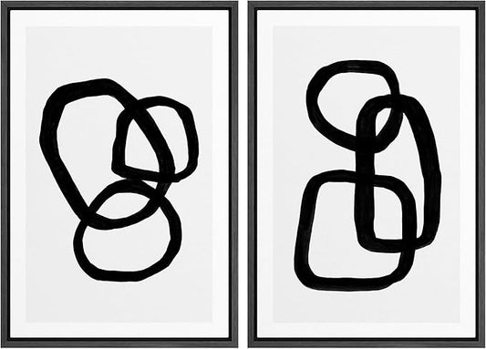 SIGNWIN Framed Canvas Print Wall Art Set Mid-Century Geometric Ring Collage Abstract Shapes Illustrations Modern Art Minimal Boho Relax/Calm for Living Room, Bedroom, Office - 16"x24"x2 Black