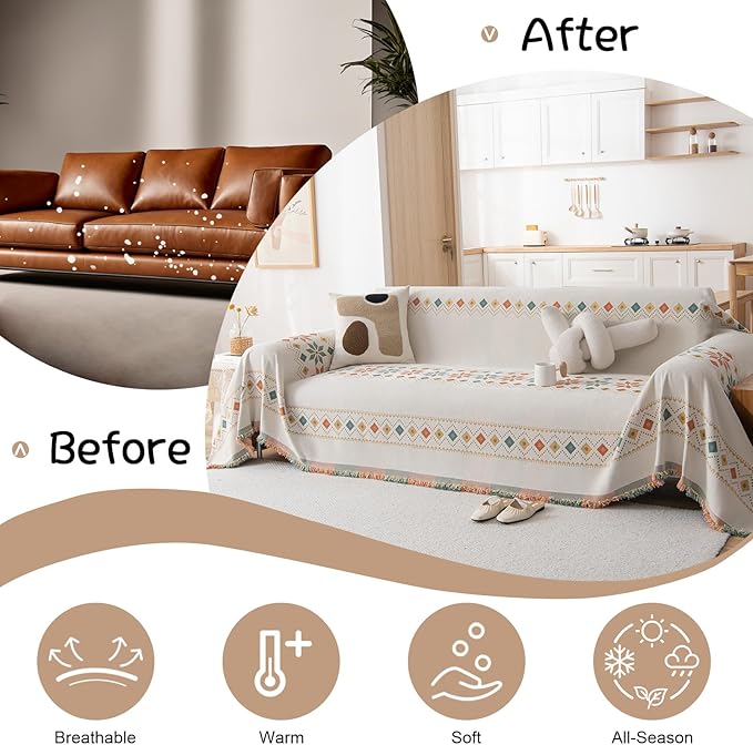 VClife Boho White Jacquard Couch Cover Soft Couch Cover for 3 Seater Cushion Couch Sofa Bedroom Living Room Furniture Protector Sofa Cover for Couch Bed - Gift for Christmas Thanksgiving 71x134 Inch