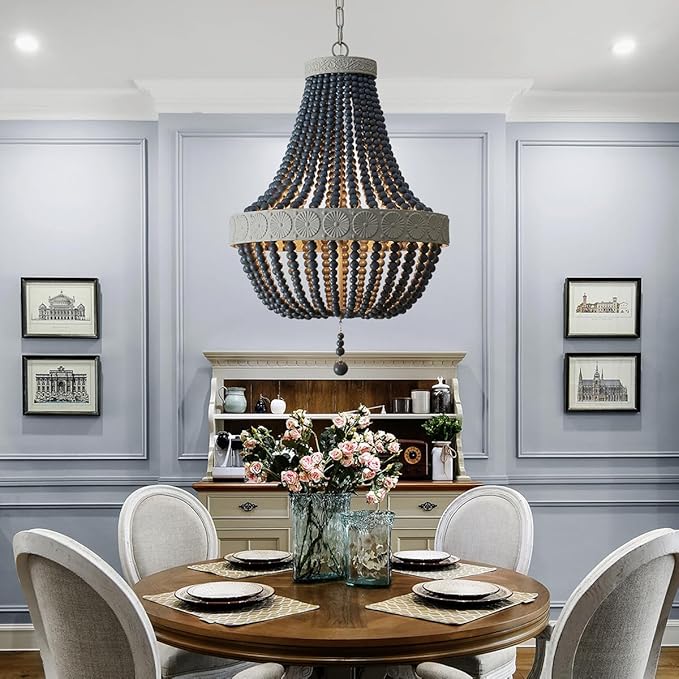 Saint Mossi Farmhouse Chandeliers, Vintage Design Wood Bead Pendant Light Fixture, D18 x H26, Adjustable 59" Chains, 4 x E12 Sockets, Rustic Black Finish Bead & Dirt Grey Finish Metal Frame