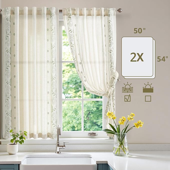 jinchan Winslow Linen Curtains 54 Inch Length Christmas Decorations Farmhouse Small Window Curtains Embroidered Bordered Floral Drapes Light Filtering for Bathroom Kitchen Sage on Beige 2 Panels