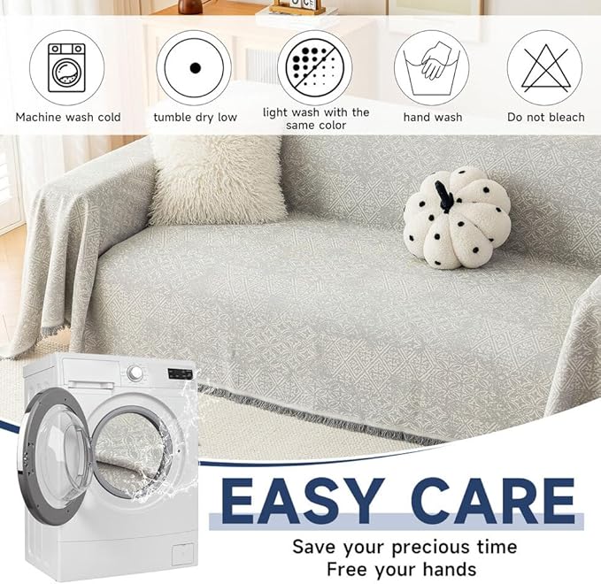 ROOMLIFE Gray Couch Cover Boho Sofa Covers for 3 Cushion Couch Washable, Furniture Protector Sofa Couch Cover for Dogs, Soft Breathable Sofa Slipcover, Couch Throw Blankets with Tassels 71''X118''