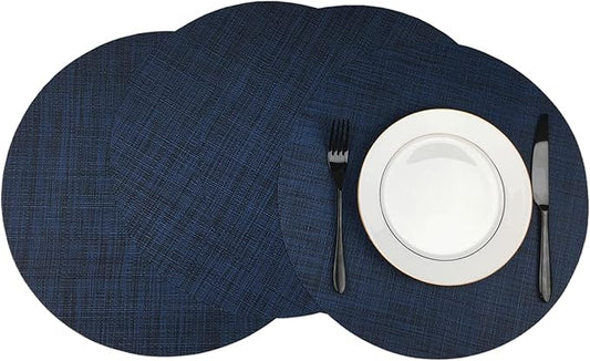 WAZAIGUR Round Placemats Set of 4 Woven Vinyl Easy to Clean Heat Resistant Kitchen Table Mats 15 Inch(Navy Blue 4)