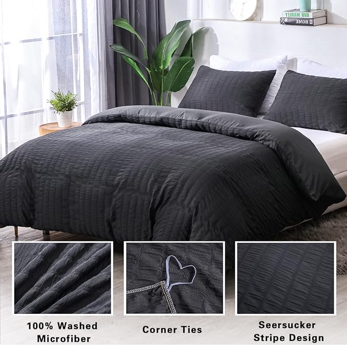 AveLom Seersucker Duvet Cover Set Queen Size (90 x 90 inches), 3 Pieces (1 Duvet Cover + 2 Pillow Cases), Black Ultra Soft Washed Microfiber, Textured Duvet Cover with Zipper Closure, Corner Ties