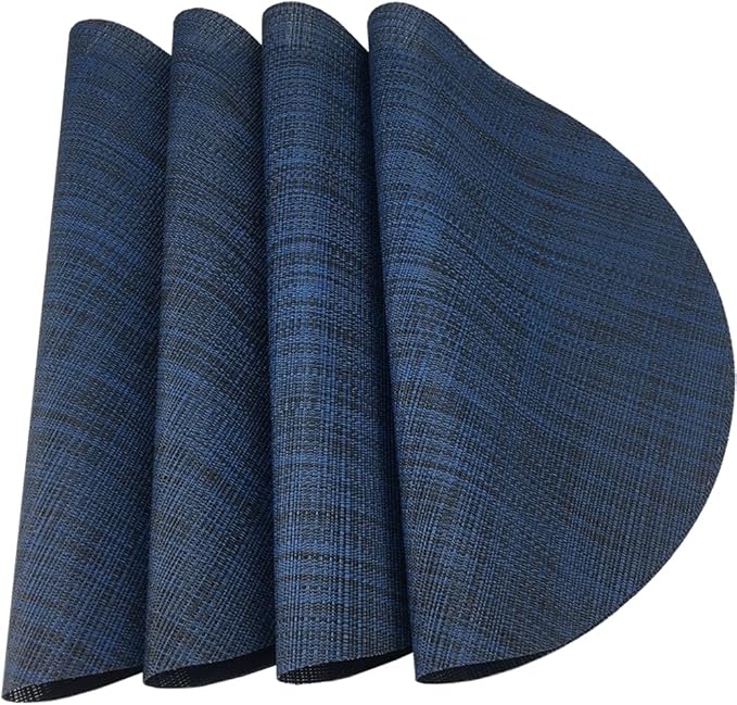 WAZAIGUR Round Placemats Set of 4 Woven Vinyl Easy to Clean Heat Resistant Kitchen Table Mats 15 Inch(Navy Blue 4)