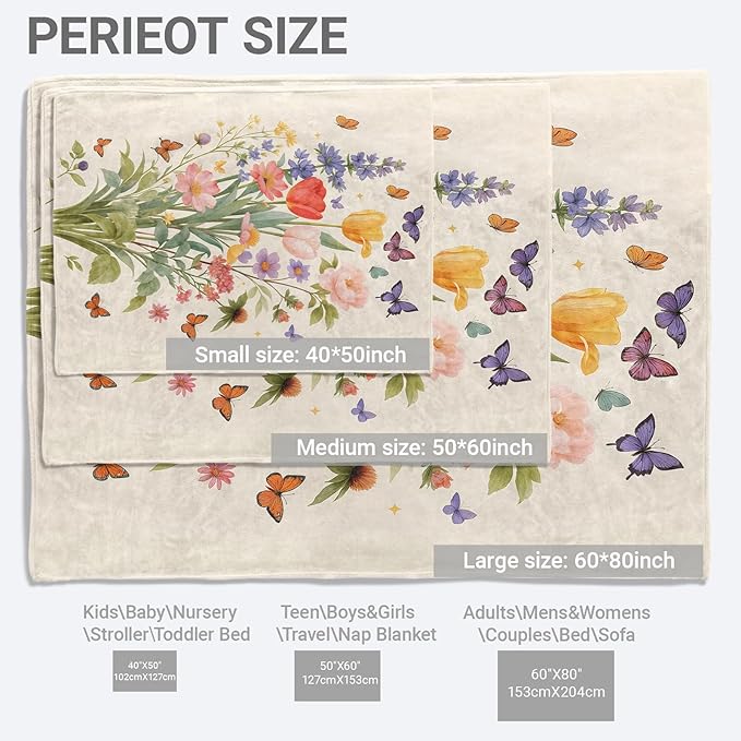 Elegant Wildflower Flannel Throw Blanket, 40"x50", Colorful Bouquet, Soft Warm Lightweight Blankets, Machine Washable, Women Girls Gifts, Outdoor Indoor Travel Hiking Nap Throw, Home Decorate