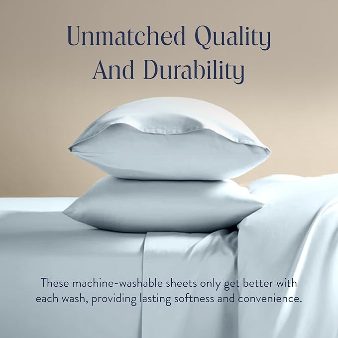 Brooklinen Luxury Sateen 4 Piece Sheet Set - 100% Cotton Bed Sheets, Soft & Durable King Size Sheets Set in Sky, Oeko-TEX Certified Bedding Set, 1 Fitted Sheet, 1 Flat Sheet, 2 Pillowcases