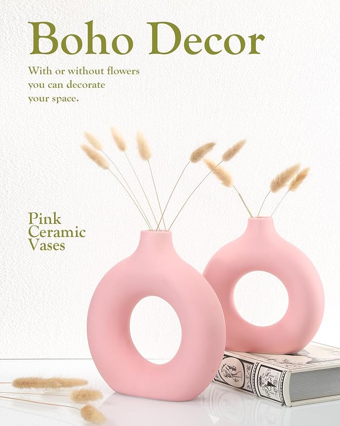 2-Pack Light Pink Ceramic Vase for Modern Home Decor, Round Matte Pampas Flower Vases Minimalist Nordic Boho Ins Style for Wedding Dinner Table Party Living Room Office Bedroom, Vase Decorative