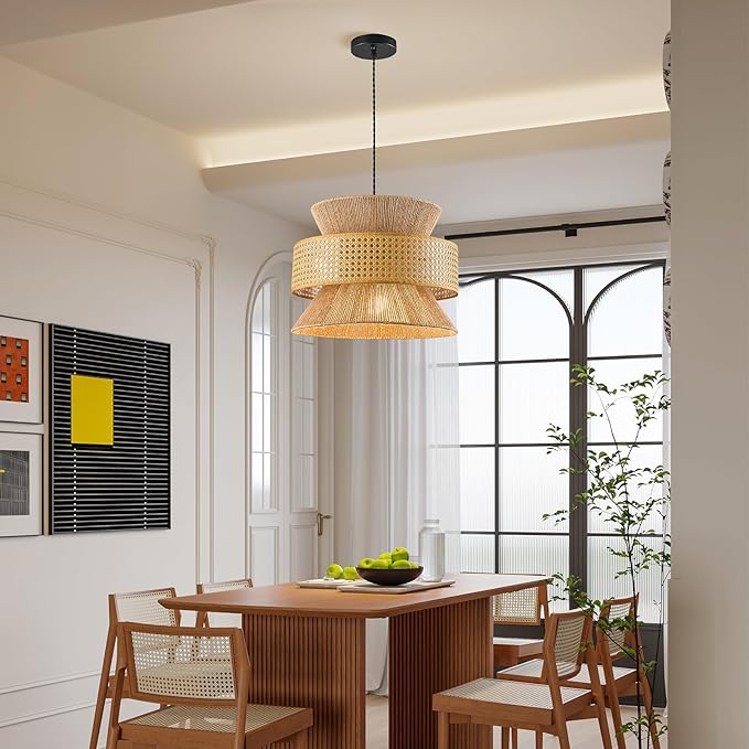 Rattan Pendant Light Fixture,Ceiling Bohemian Chandelier Rattan Flush Mount Hanging Light Fixture Woven Lamp Basket Chandelier for Kitchen Island Hallway Bedroom Dinning