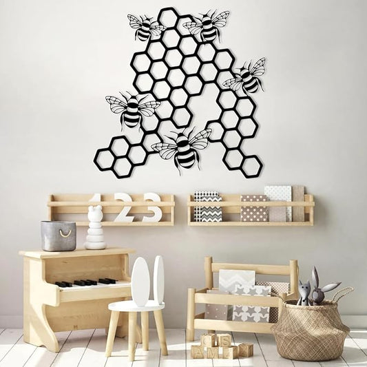 EANHIPE Bee and Honeycomb Metal Wall Art, Honey Bee Metal Wall Decor, Minimalist Animal Wall Sculpture, Rustic Farmhouse Decor, House Decorations Living Room (Black, 30"x30"/76x76cm)
