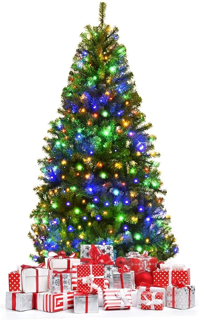 HAPPYGRILL 4FT Pre-Lit Christmas Tree with 300 PVC Branch Tips and Foldable Base, Premium Artificial Spruce Tree Hinged Xmas Tree for Holiday Decoration