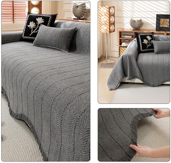 ROOMLIFE Gray Couch Cover Boho Sofa Covers for 3 Cushion Couch Washable, Furniture Protector Sofa Couch Cover for Dogs, Soft Chenille Sofa Slipcover, Couch Throw Blankets with Tassels 71 '' X 150''