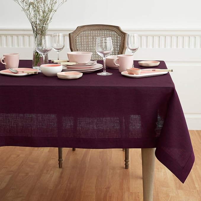 Solino Home Linen Tablecloth 52 x 52 Inch - 100% Pure Linen Square Table Throw - Athena, Machine Washable Chambray Burgundy Tablecloth for Fall, Autumn, Thanksgiving, Christmas, Holiday, Winter