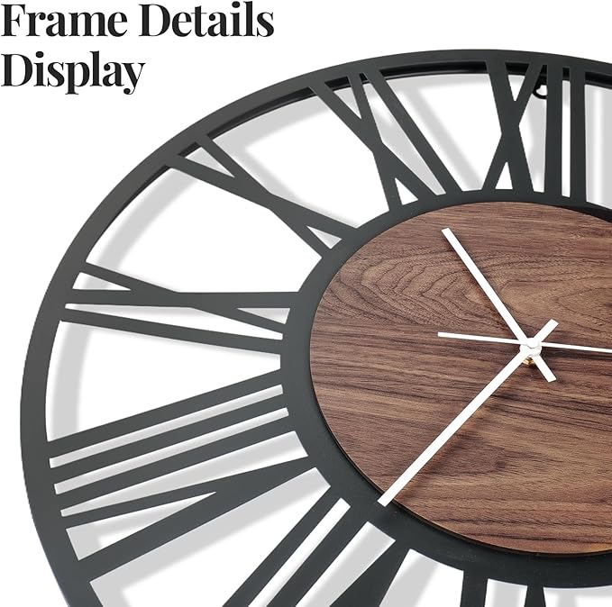 Modern Wall Clocks for Living Room, 16 inch Wood Walnut Dial Decorative Wall Clock Battery Operated, Non Ticking Silent Big Round Black Metal Clock, Bedroom, Kitchen, Office Decor-Roman Numerals